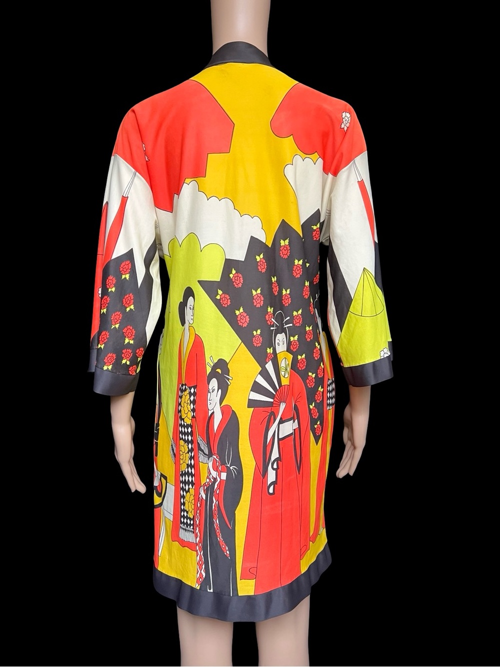 Vintage 1960's Japanese Geisha Novelty Print Pop Art Geometric Kimono Jacket - Picture 10 of 12